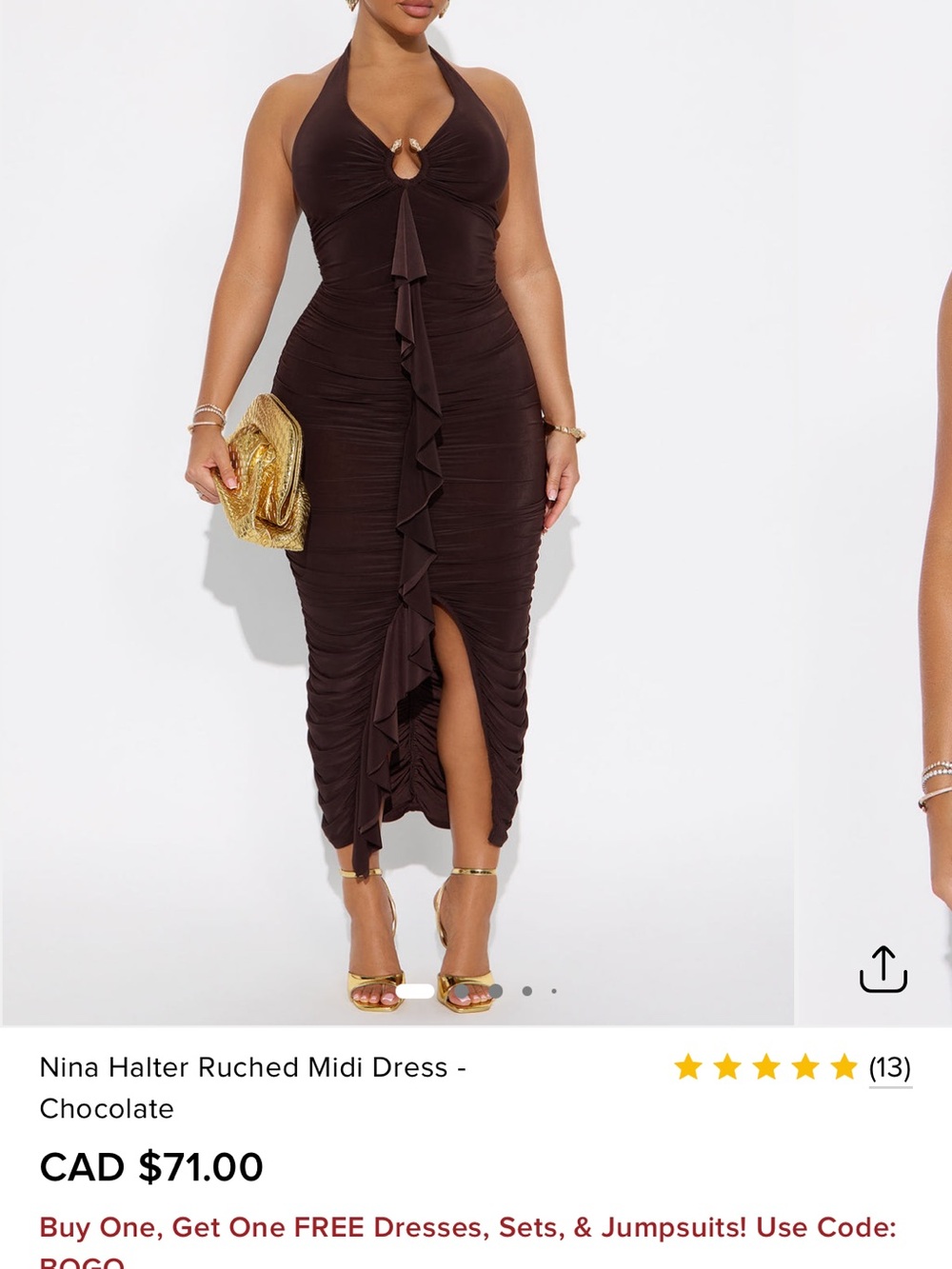 Fashion Nova Chocolate Halter Ruched Midi Dress